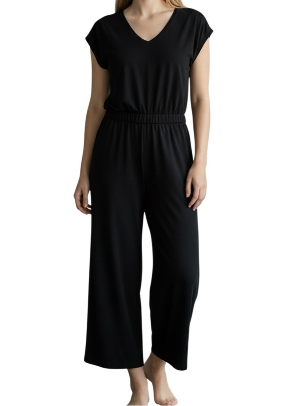 T by Talbots Cropped Wide leg Jumpsuit Black Tie waist Jersey Stretchy Womens LP